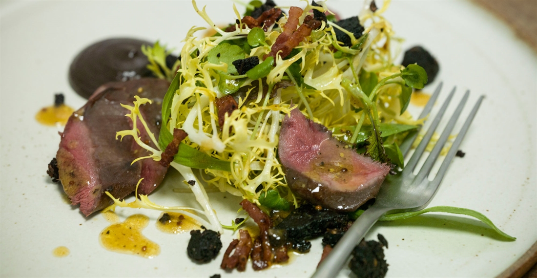 Woodpigeon, bacon and black pudding salad