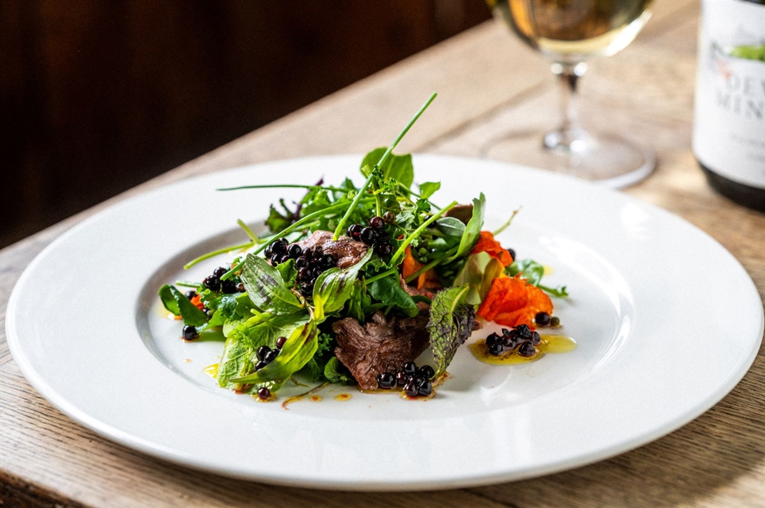 Woodpigeon and elderberry salad