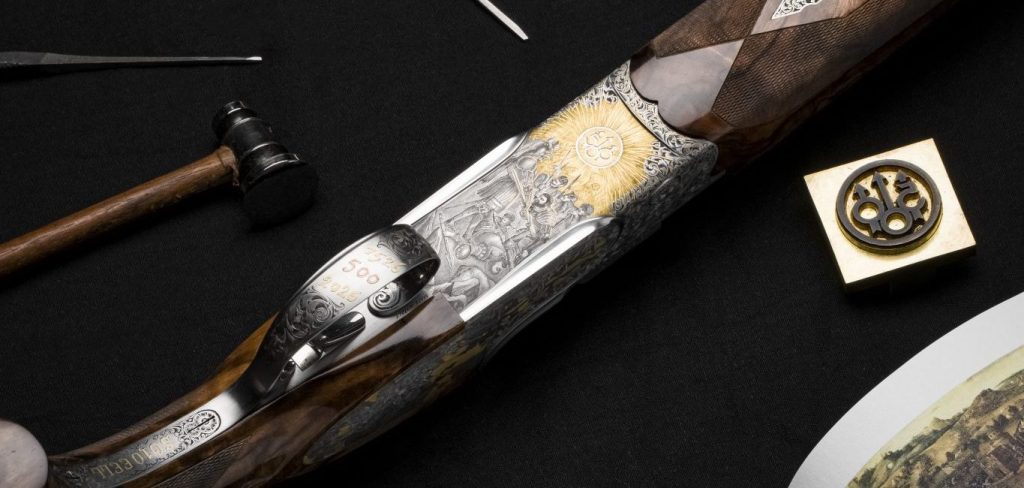 Beretta SO10 EELL History commemorative sidelock shotgun with Battle of Pavia engraving and gold inlay