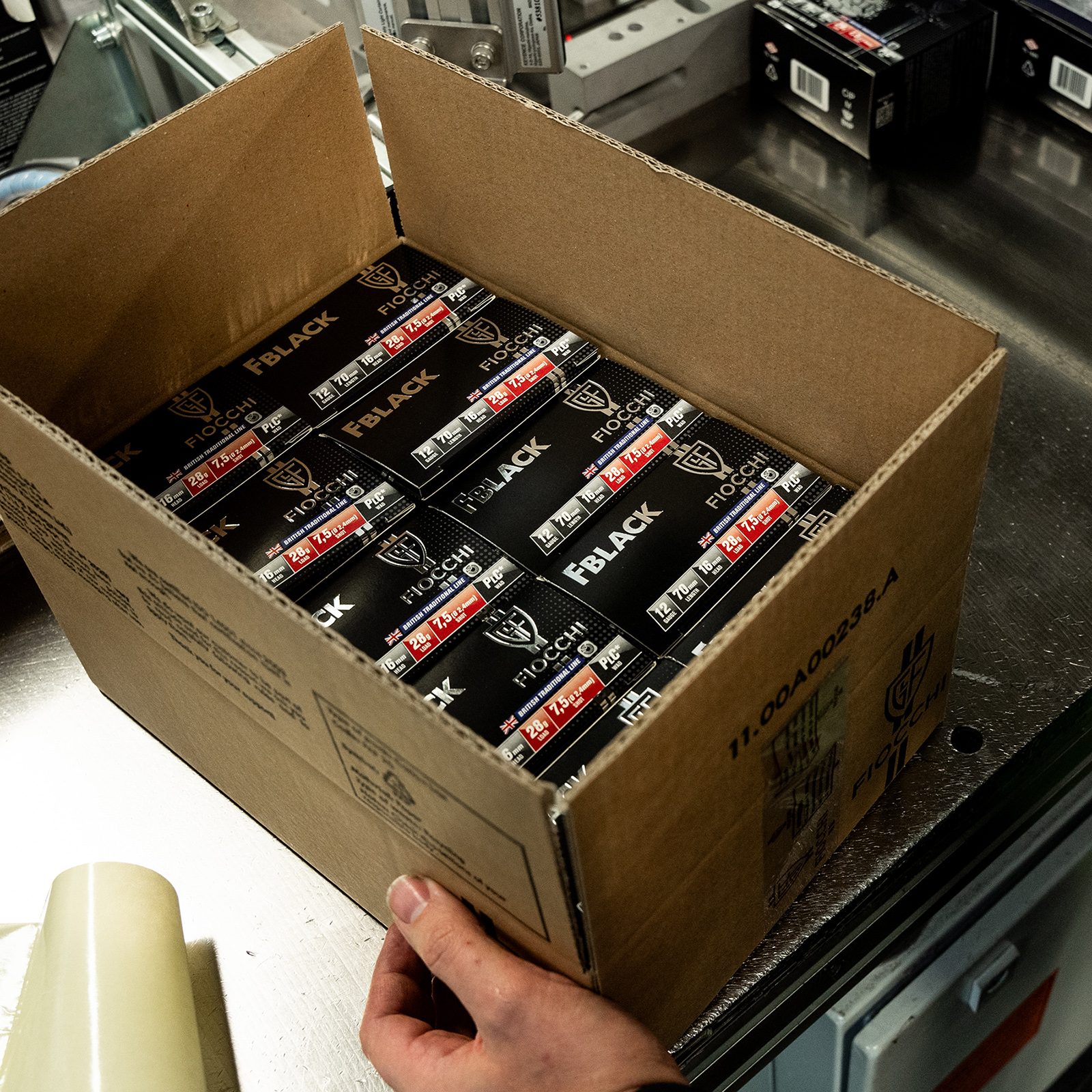 A packed case of Fiocchi FBLACK 12-bore cartridges from the British Traditional Line