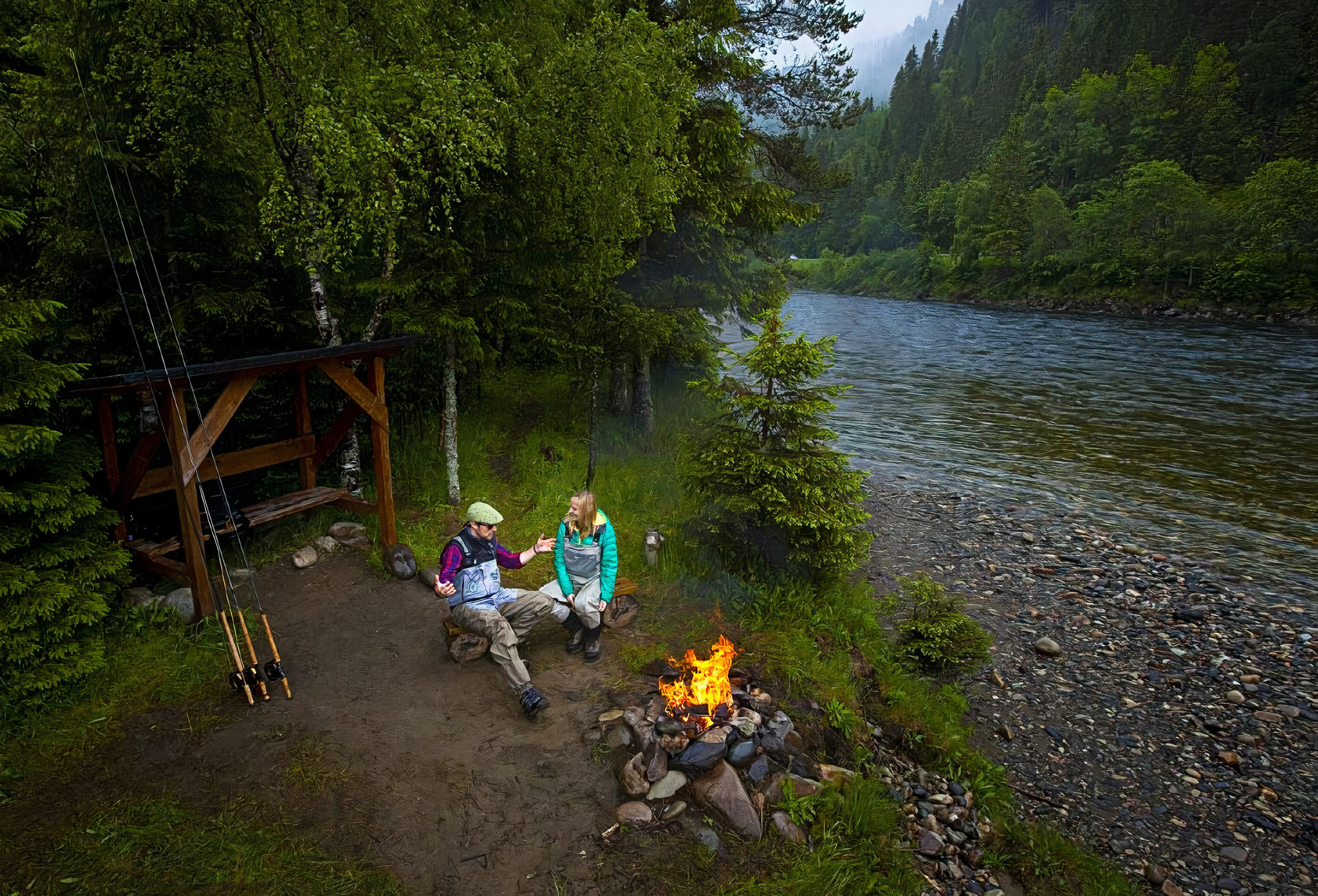 campfire beside Norwegian river